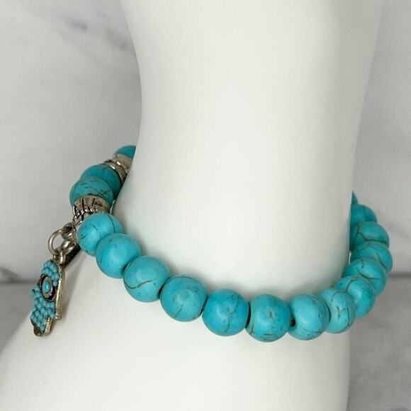 Silver Tone Butterfly Hamsa Tree Faux Turquoise Beaded Stretch Bracelet - Picture 4 of 6